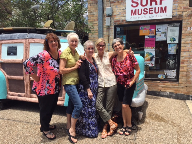 RKC 50th Committee girls acting up in front of Texas Surf Museum -- Sherrie, Debbie, Melissa, Lindy, Debra